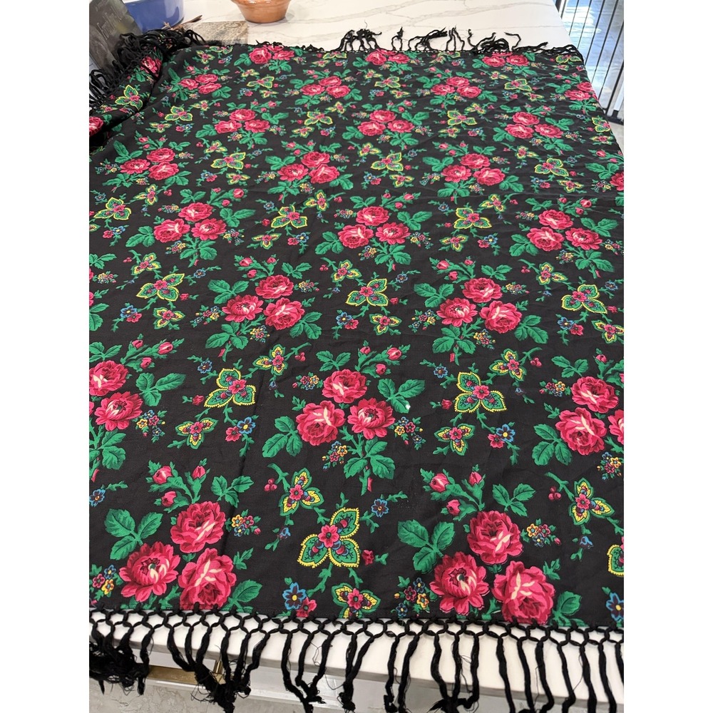 Floral Shawl Womens One Size Black Pink Rose Fringe Wrap Scarf Rectangle